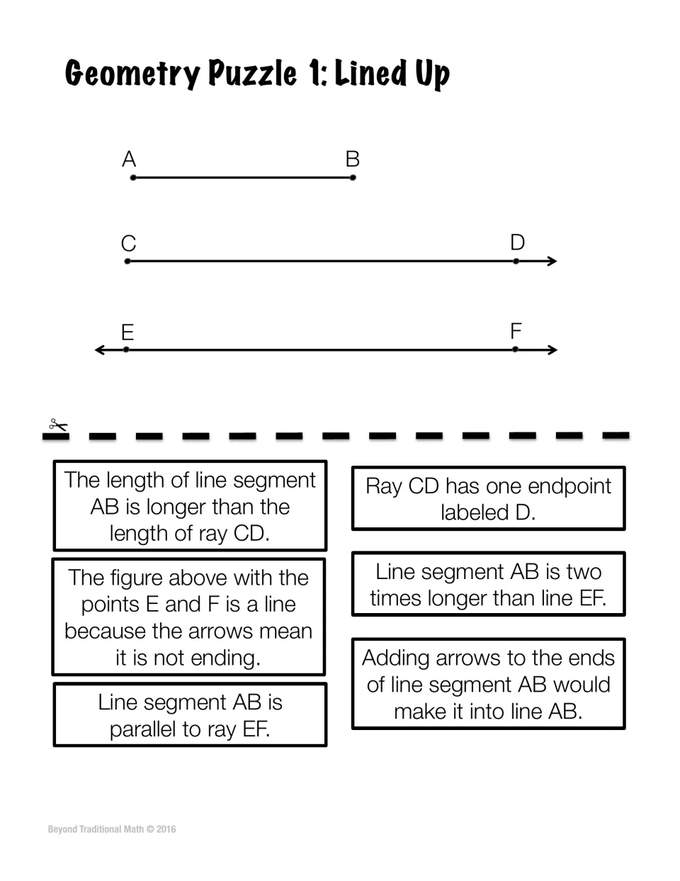 Lined Up puzzle: students decide if statements about segment AB, ray CD and line EF are true or false, then cut and sort