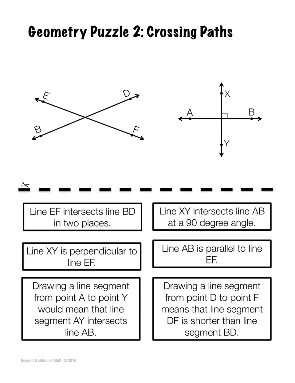 Crossing Paths puzzle: students judge statements on intersecting and perpendicular lines EF, BD, AB and XY as true or false