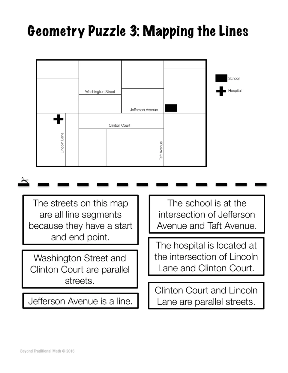 Mapping the Lines puzzle: students use the map to judge statements on parallel streets, intersections and line segments