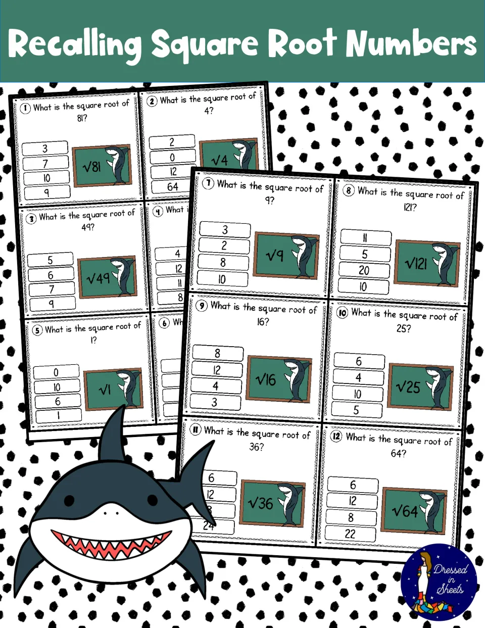 Recalling Square Root Numbers cover: shark-themed multiple-choice task cards asking for square roots such as √81 and √49