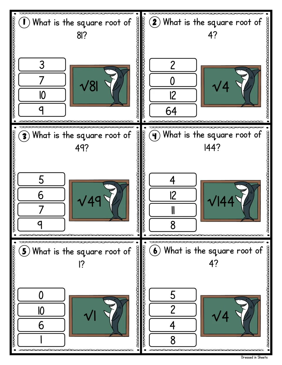 Square root task cards 1-6: students pick the square root of 81, 4, 49, 144, 1 and 4 from four answer choices