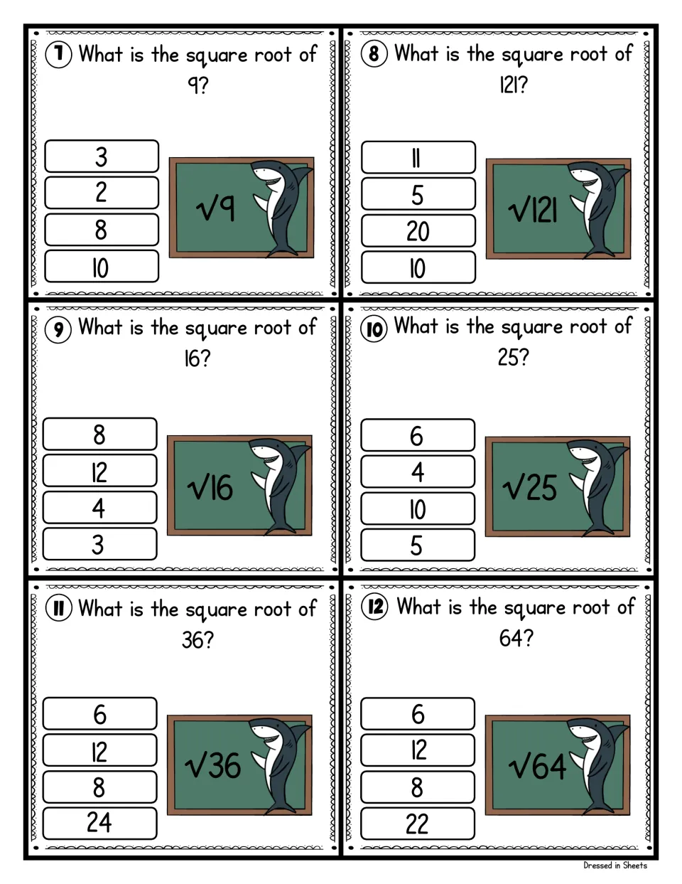 Square root task cards 7-12: students choose the square root of 9, 121, 16, 25, 36 and 64 from four options each
