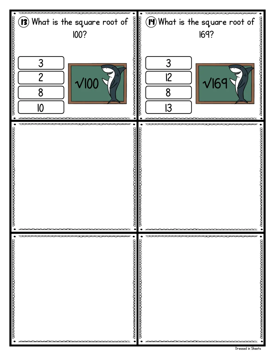 Square root task cards 13 and 14: students find the square roots of 100 and 169 by choosing from four number options