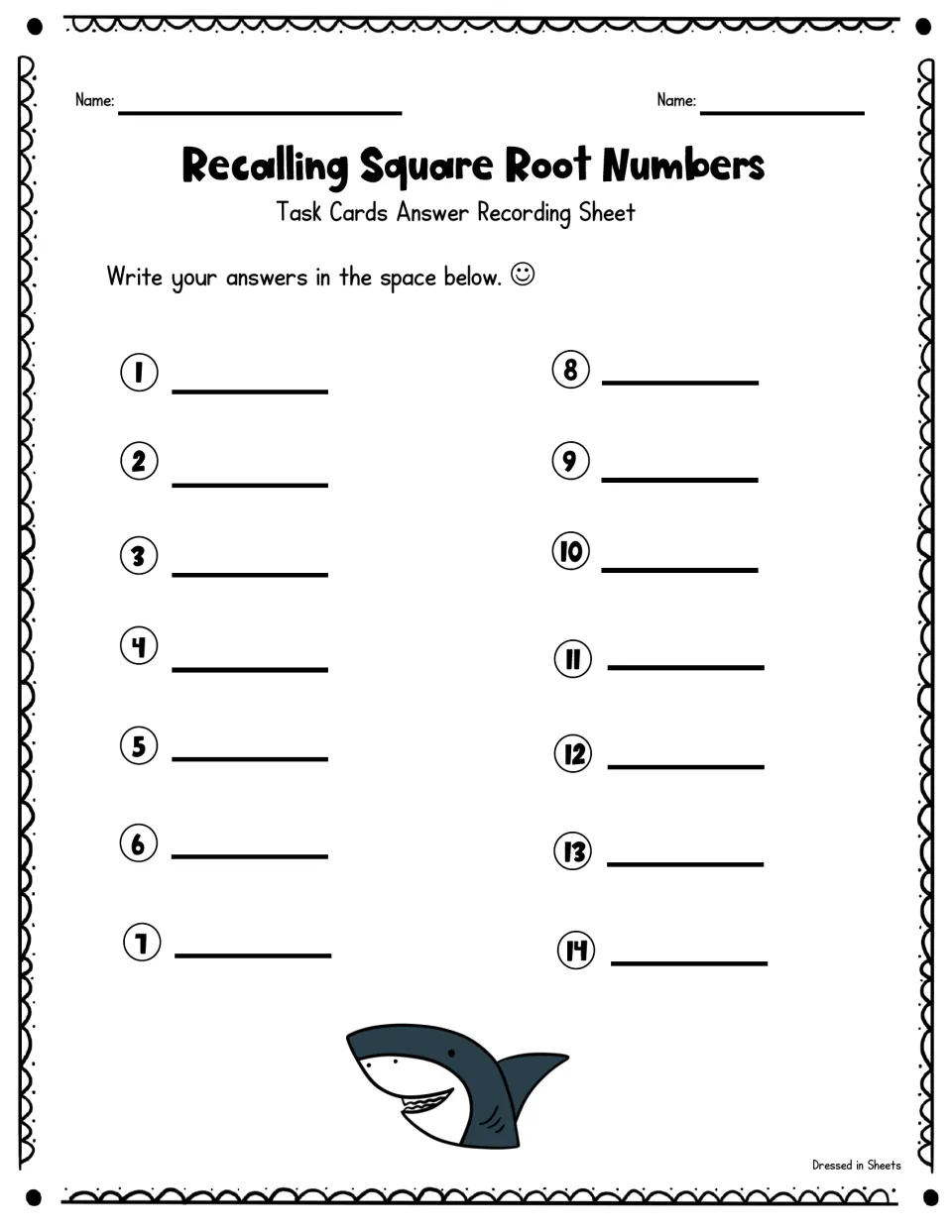 Task card answer recording sheet: students write their answers to square root cards 1 through 14 beside each number
