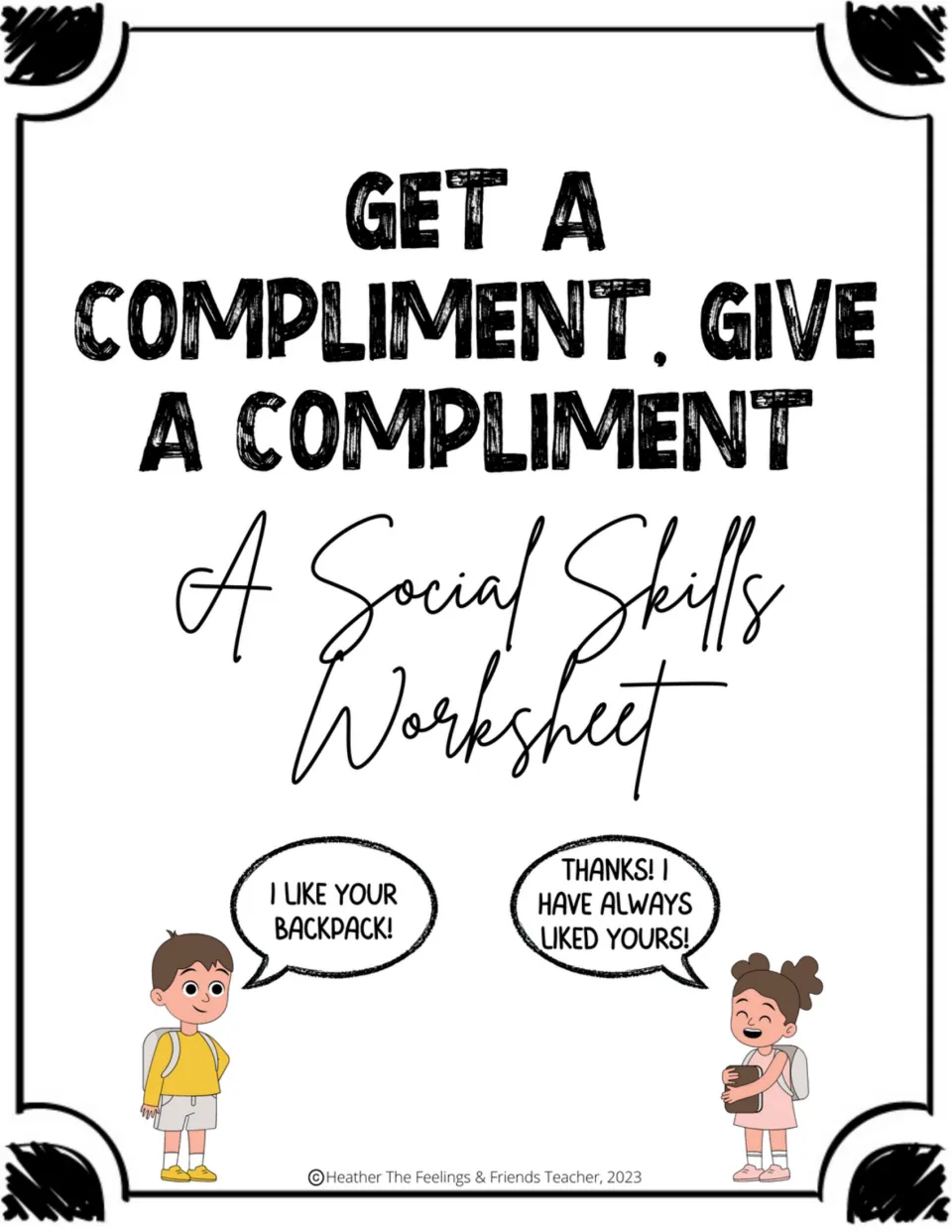 Get a Compliment, Give a Compliment cover: social skills worksheet with two kids trading a backpack compliment