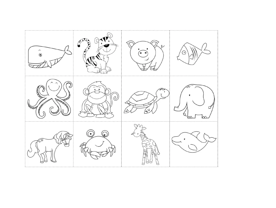 Animal picture cards to cut out: whale, tiger, pig, fish, octopus, monkey, turtle, elephant, horse, crab, giraffe, dolphin