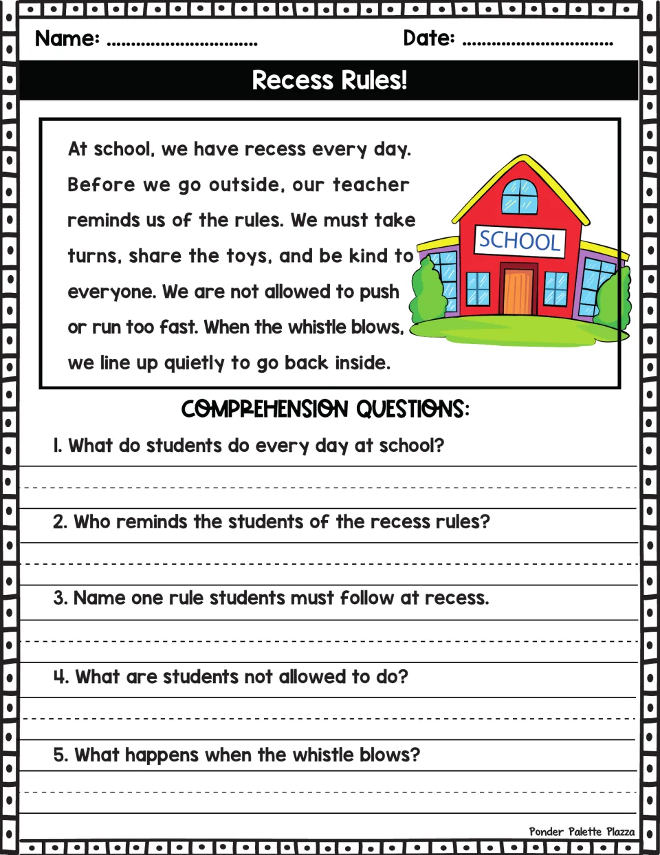 Recess Rules! reading passage on taking turns, sharing and lining up; students answer 5 written comprehension questions