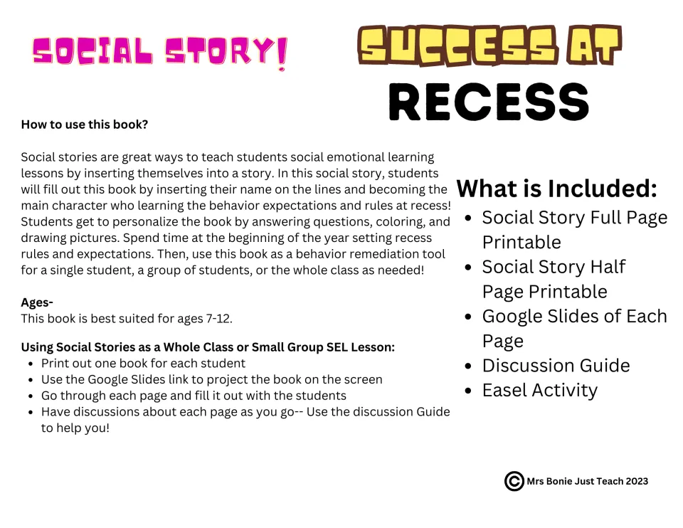 Recess social story directions explain personalization, ages 7–12, included formats, and group SEL lessons.