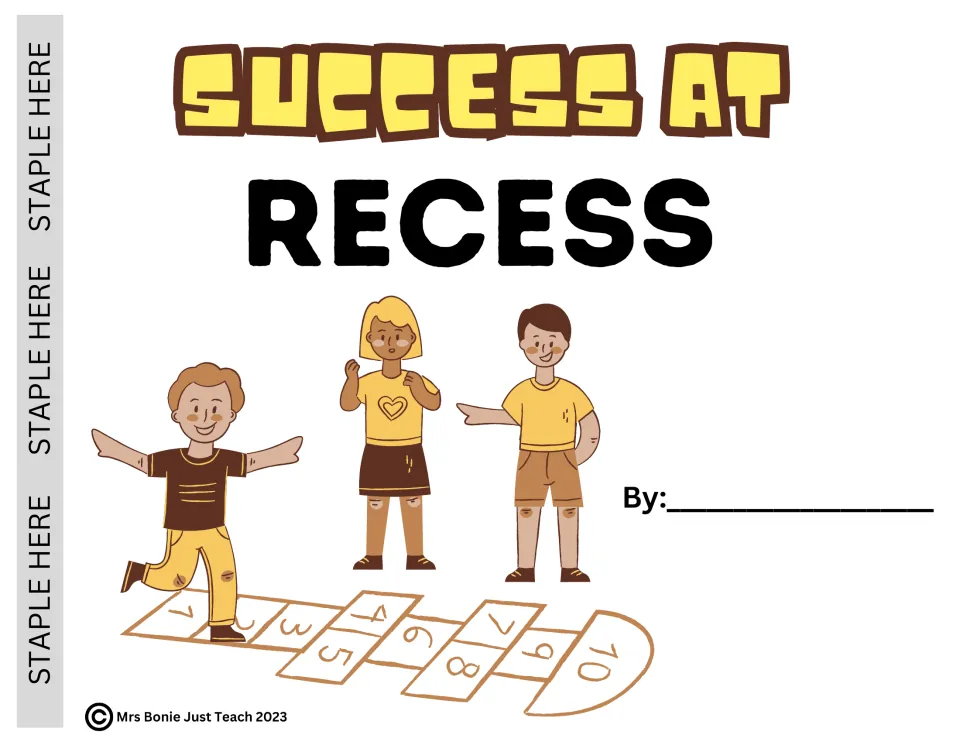 Success at Recess book cover has a student author prompt and an illustration of children playing hopscotch.