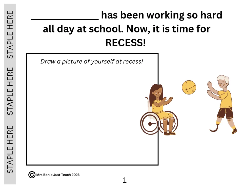 Recess story page 1 introduces a break after working hard at school and asks students to draw themselves.