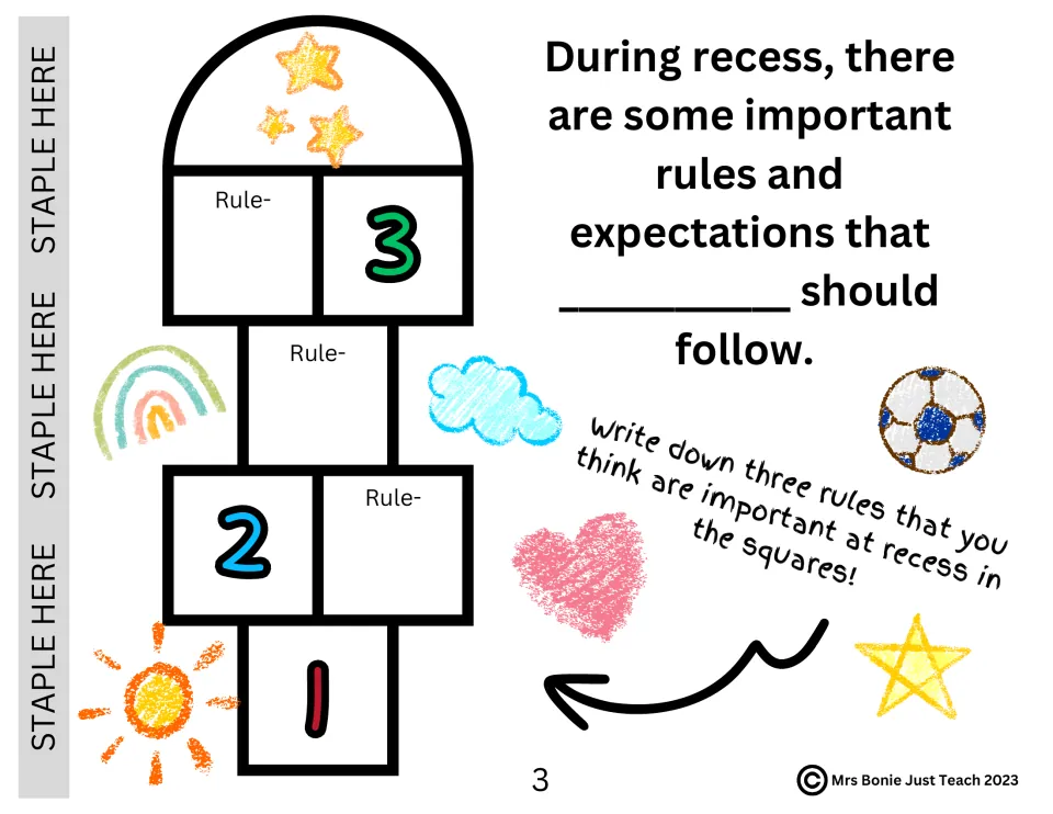 Recess story page 3 introduces rules and expectations and asks students to write three important rules.