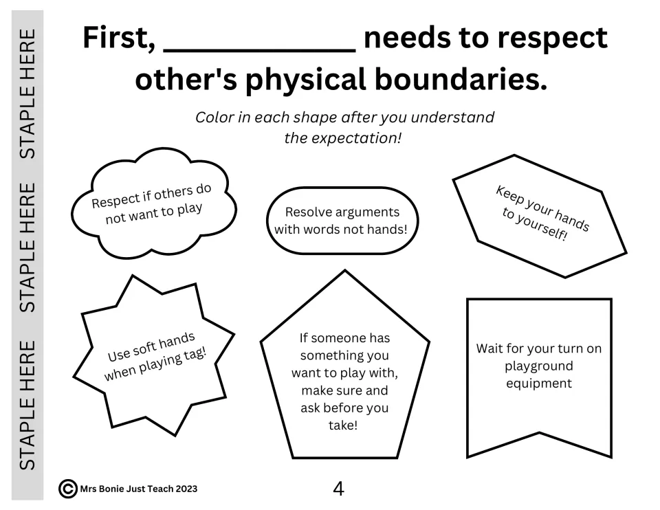 Recess story page 4 teaches physical boundaries, using words to resolve arguments, asking, and taking turns.