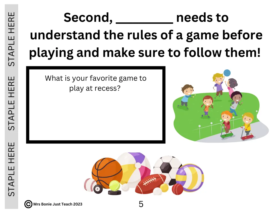 Recess story page 5 teaches understanding and following game rules and asks students for their favorite game.