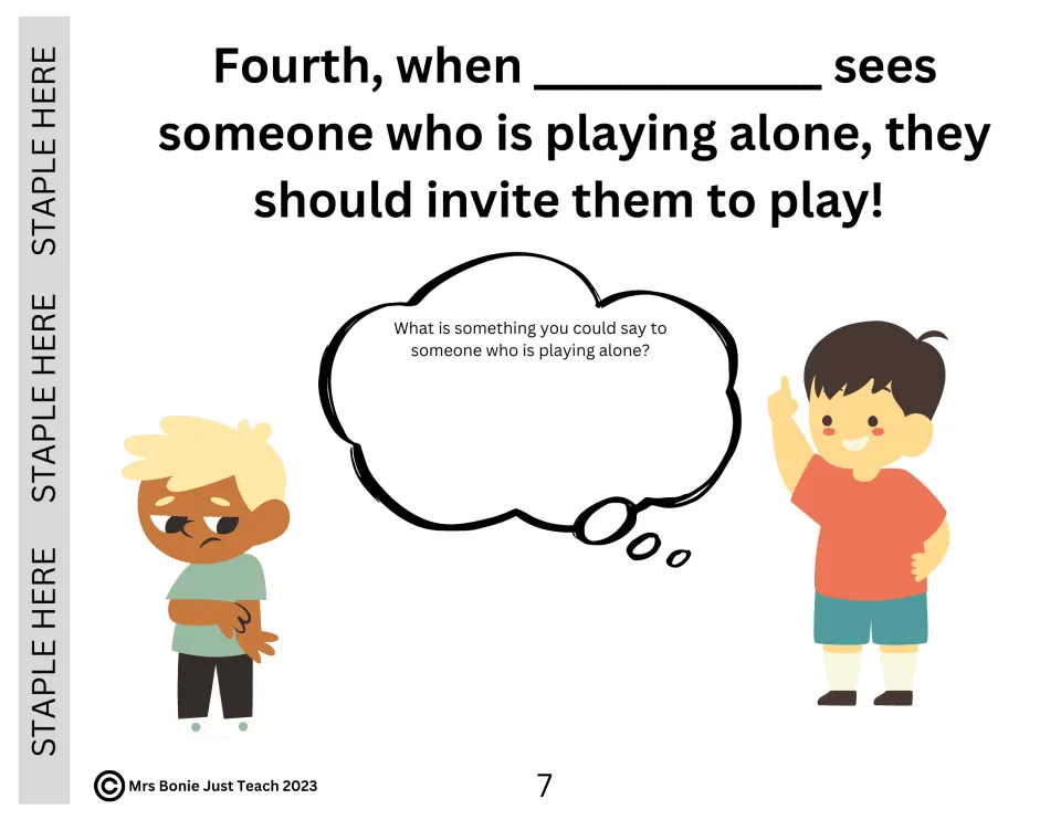 Recess story page 7 encourages inviting someone playing alone to join and asks what students could say.