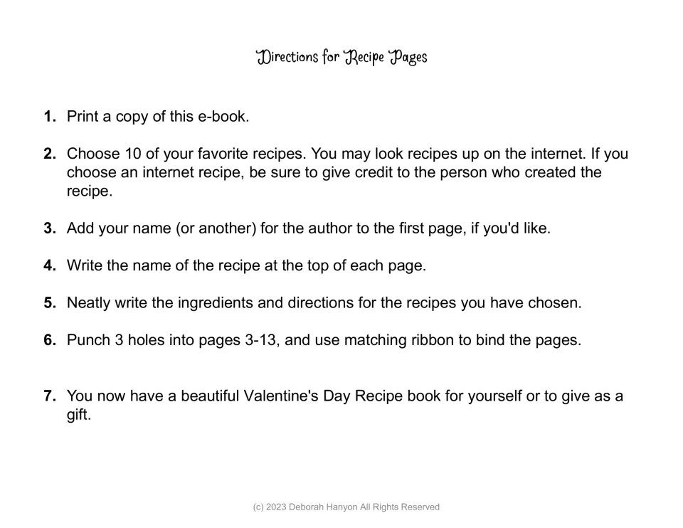 Directions for Recipe Pages: students choose 10 recipes, credit online sources, write them neatly, then bind with ribbon