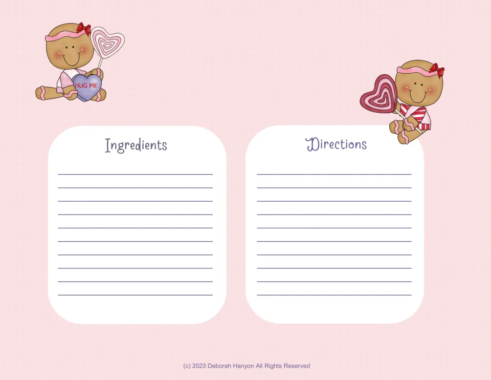 Recipe page with gingerbread girls holding heart lollipops: students write one recipe's ingredients and directions
