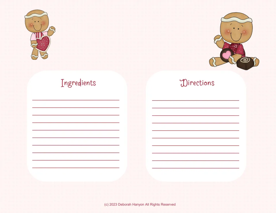 Recipe page with gingerbread boys holding a heart cookie and chocolates: students record ingredients and directions