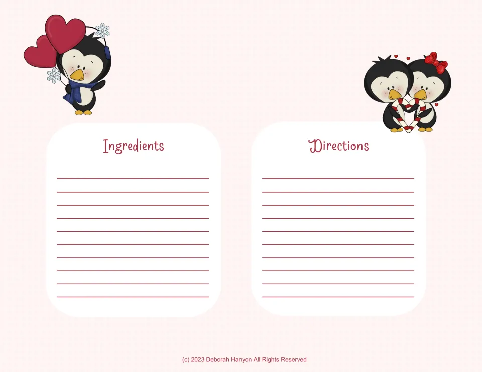 Recipe page with penguins holding heart balloons and a candy-cane heart: students copy a recipe's ingredients and steps