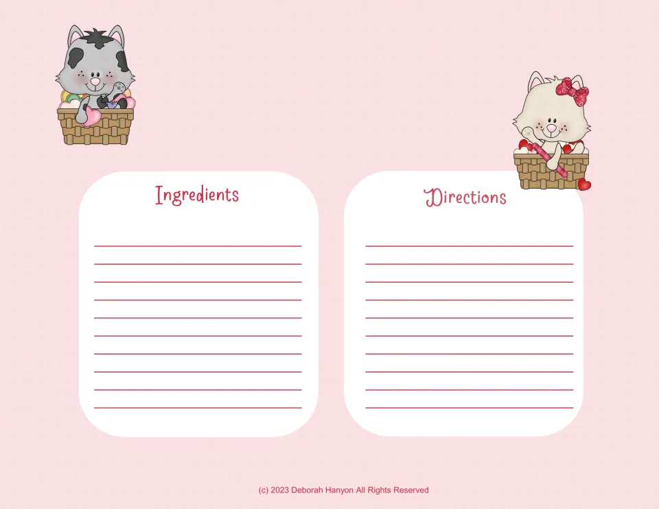 Recipe page with kittens sitting in woven baskets of hearts: students fill in the ingredients and directions for a recipe