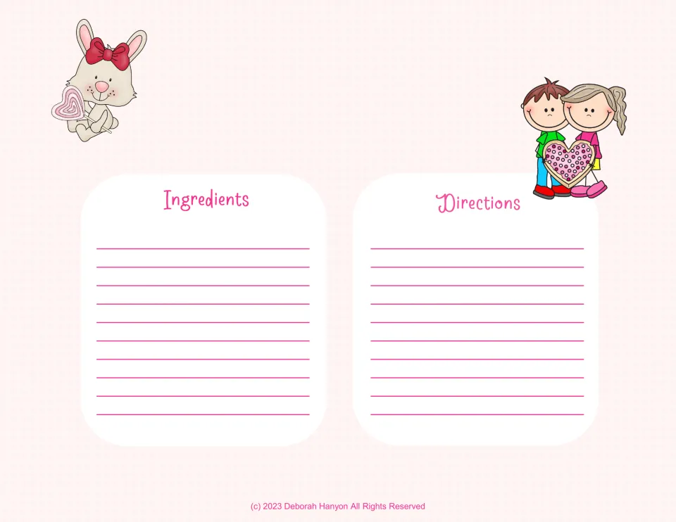 Recipe page with a bunny holding a lollipop and two kids sharing a heart cookie: students write out a recipe they chose
