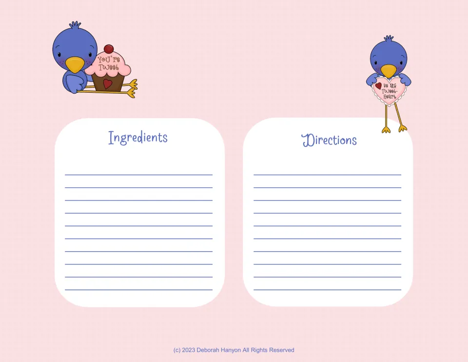 Recipe page with bluebirds holding a 'You're Tweet' cupcake and 'Be My Tweet-heart' sign: students write a recipe