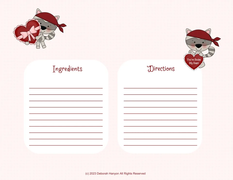 Recipe page with raccoons holding a candy box and a 'You've Stolen My Heart' heart: students list ingredients and steps