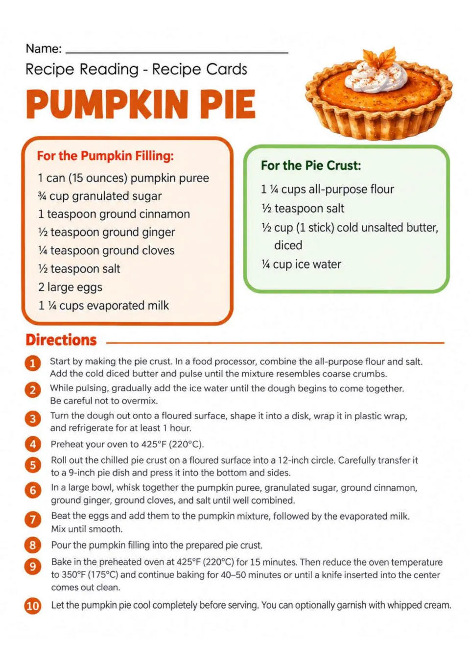 Pumpkin pie recipe card with filling and crust ingredients and 10 steps for preparing, baking, and cooling