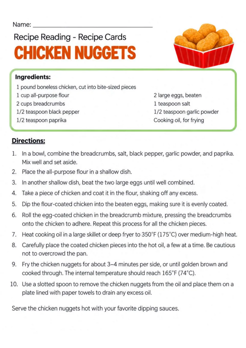 Chicken nuggets recipe card with ingredients and 10 steps for seasoning, coating, frying, and draining