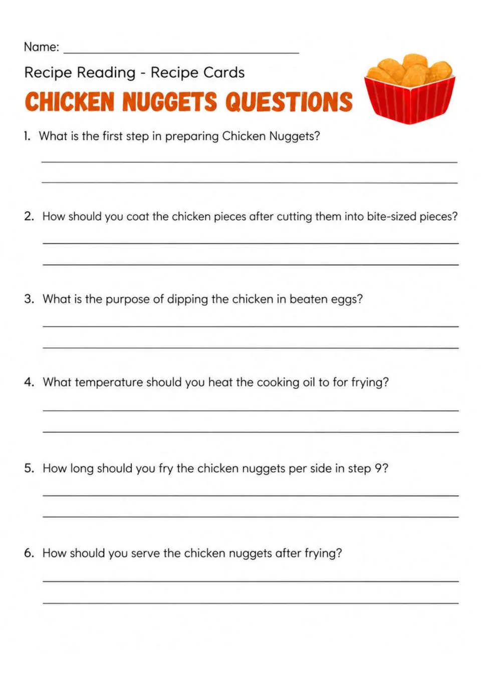 Chicken nuggets comprehension page with six written-response questions on coating, frying, and serving