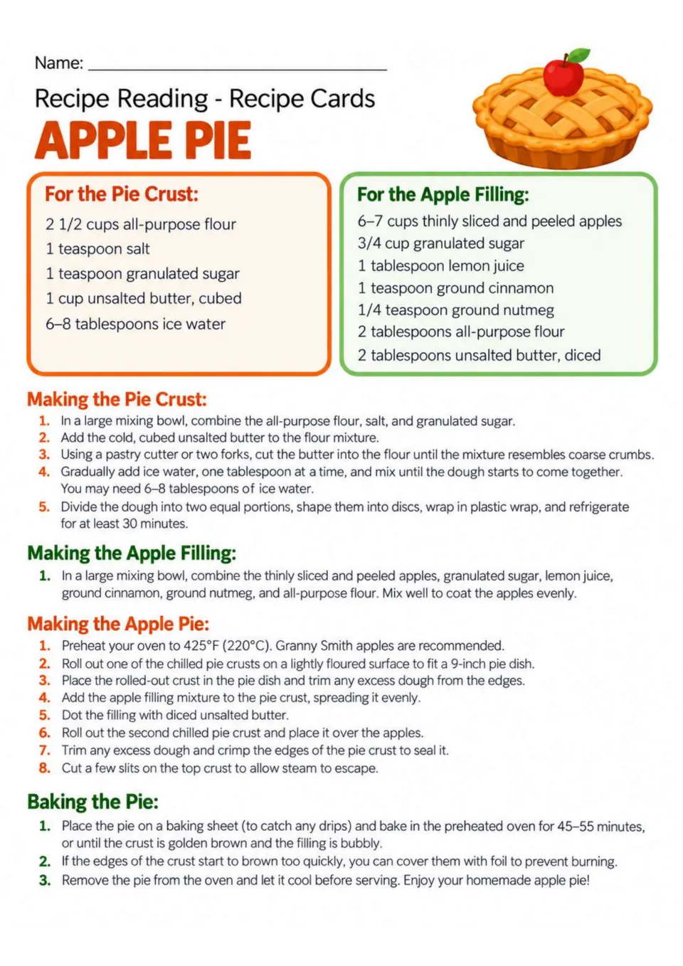 Apple pie recipe card with crust and filling ingredients and directions for preparing and baking the pie