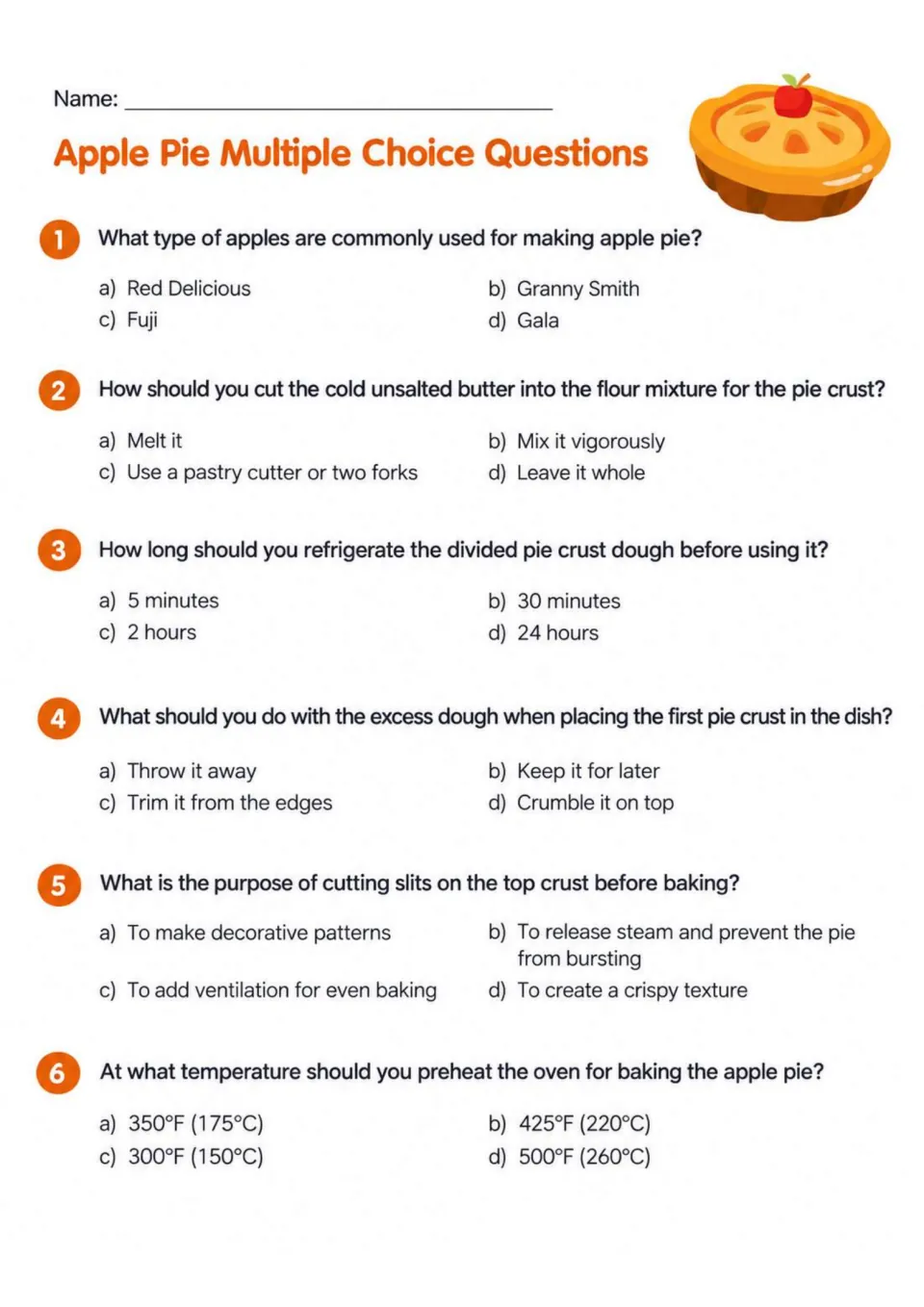 Apple pie comprehension page with six multiple-choice questions on apples, crust preparation, and baking