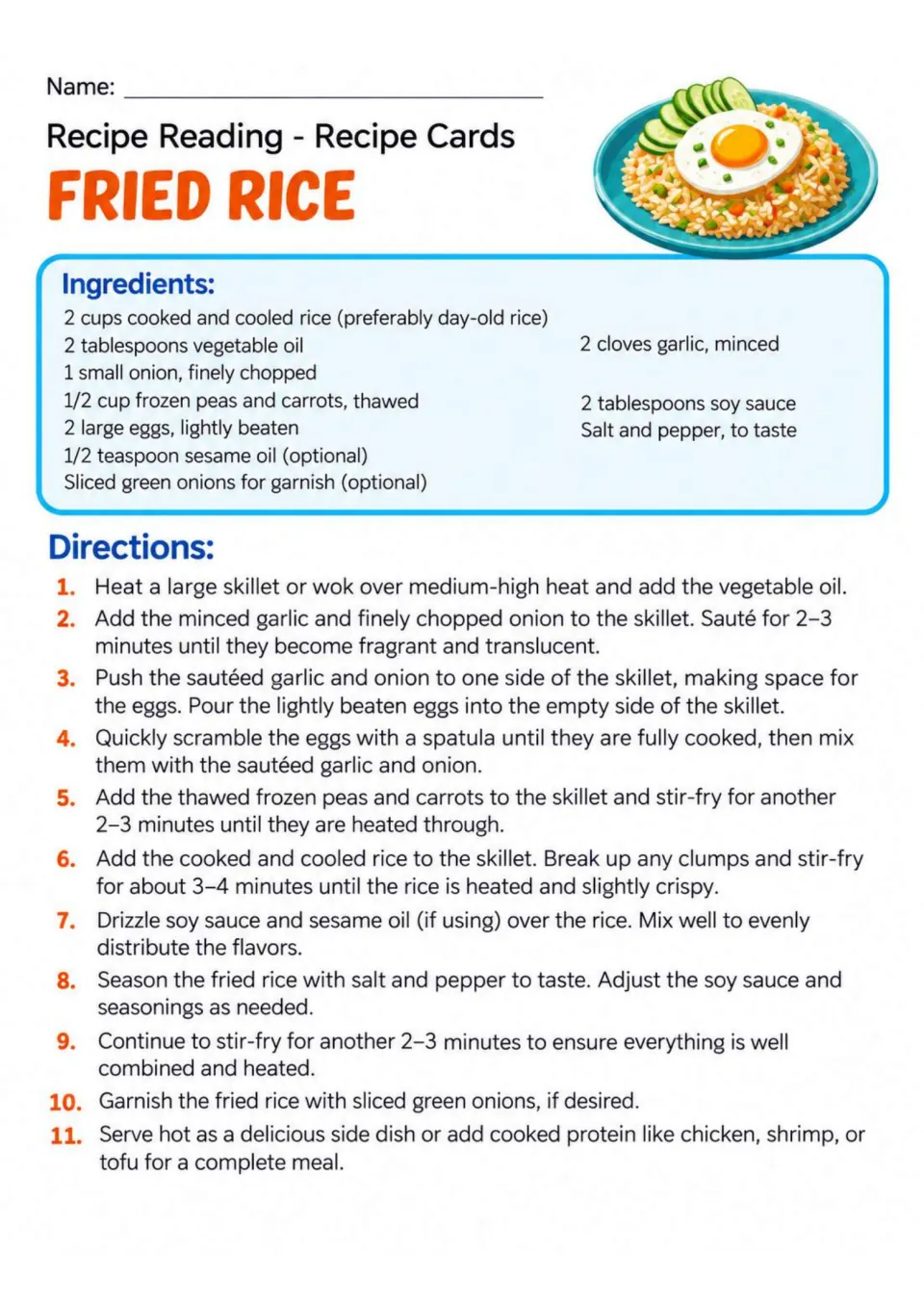 Fried rice recipe card with ingredients and 11 steps using cooled rice, vegetables, eggs, and soy sauce
