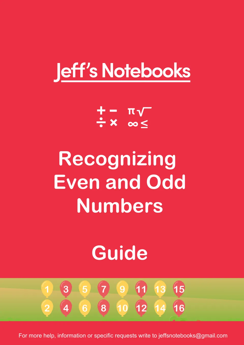 Jeff's Notebooks cover for the Recognizing Even and Odd Numbers Guide, with numbered balloons 1 to 16 in odd and even rows