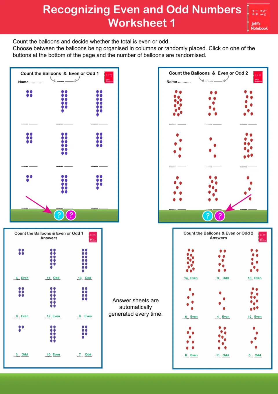 Worksheet 1: students count balloons in columns or random groups and write the total and even or odd; answer sheets shown