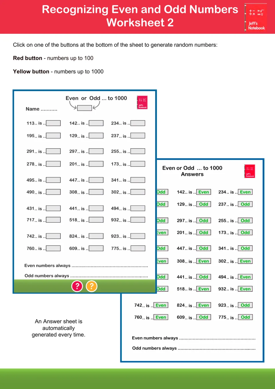 Worksheet 2: Even or Odd to 1000, students label numbers like 113, 142 and 760 as even or odd; an answer sheet is shown