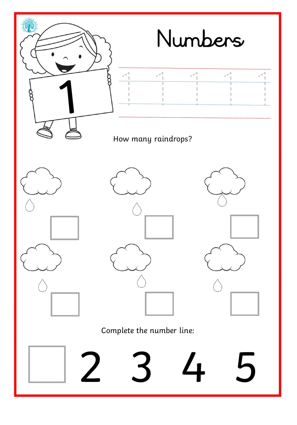 Number 1: students trace the numeral 1, count the raindrop under each of six clouds and fill the missing 1 on a number line