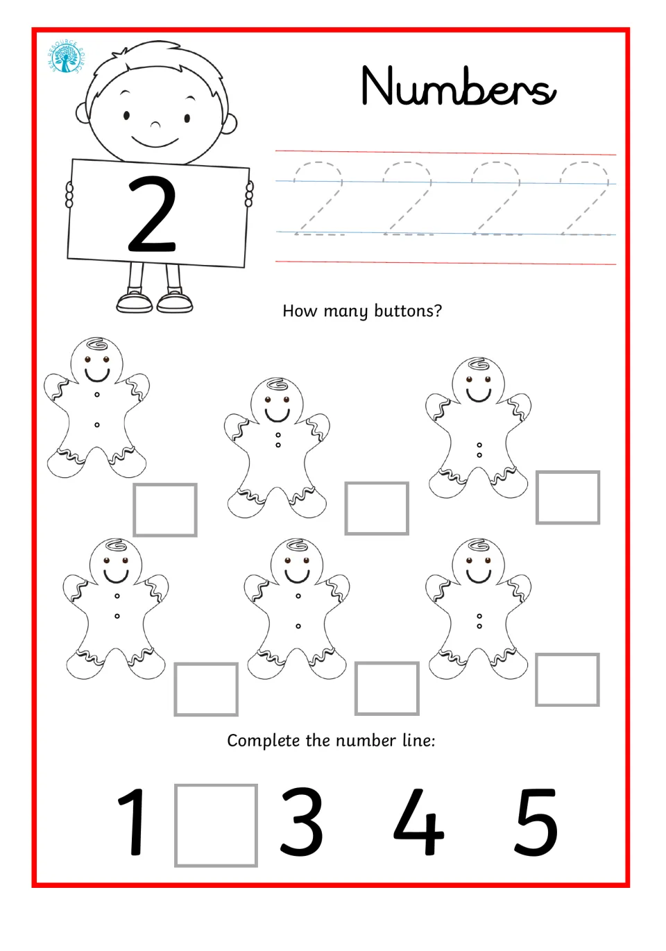 Number 2: students trace the numeral 2, count the buttons on six gingerbread figures and fill the missing 2 on a number line