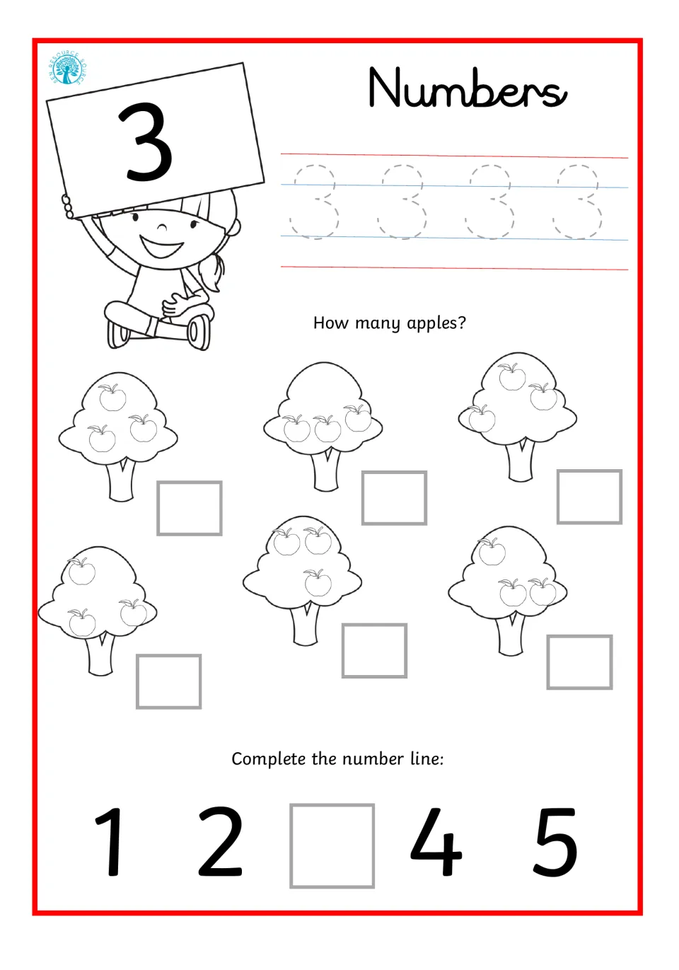Number 3: students trace the numeral 3, count the apples on six trees and fill in the missing 3 on a 1 to 5 number line