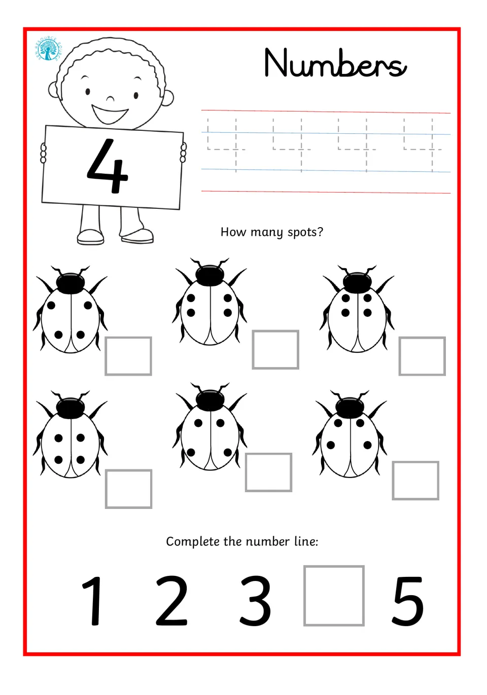Number 4: students trace the numeral 4, count the spots on six ladybirds and fill in the missing 4 on a 1 to 5 number line