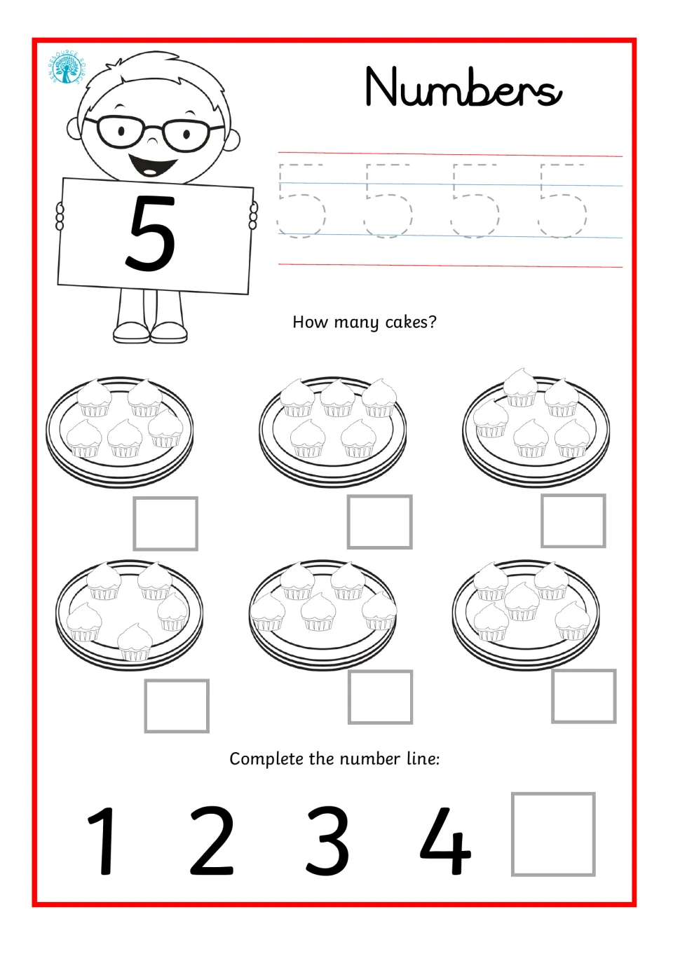 Number 5: students trace the numeral 5, count the cupcakes on six plates and fill the missing 5 to end a 1 to 5 number line