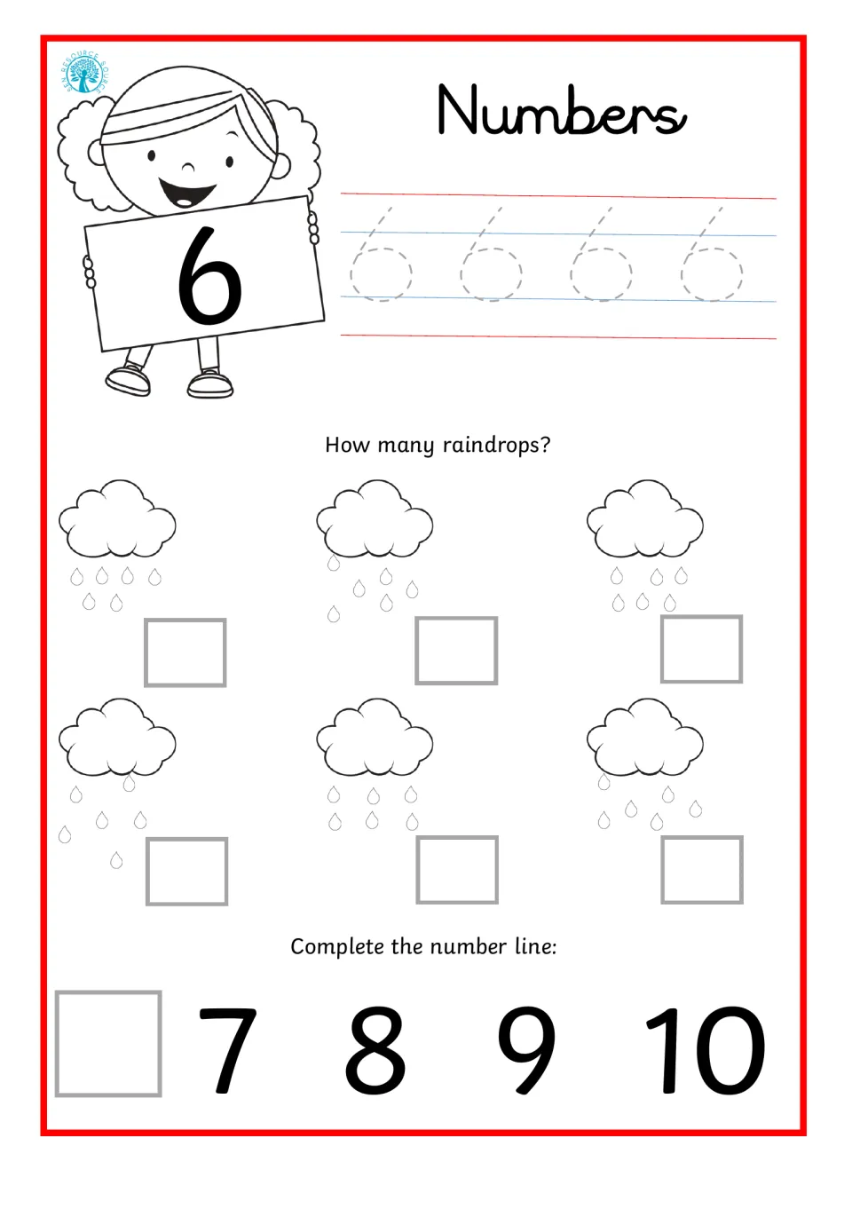 Number 6: students trace the numeral 6, count the raindrops under six clouds and fill the missing 6 on a 6 to 10 number line