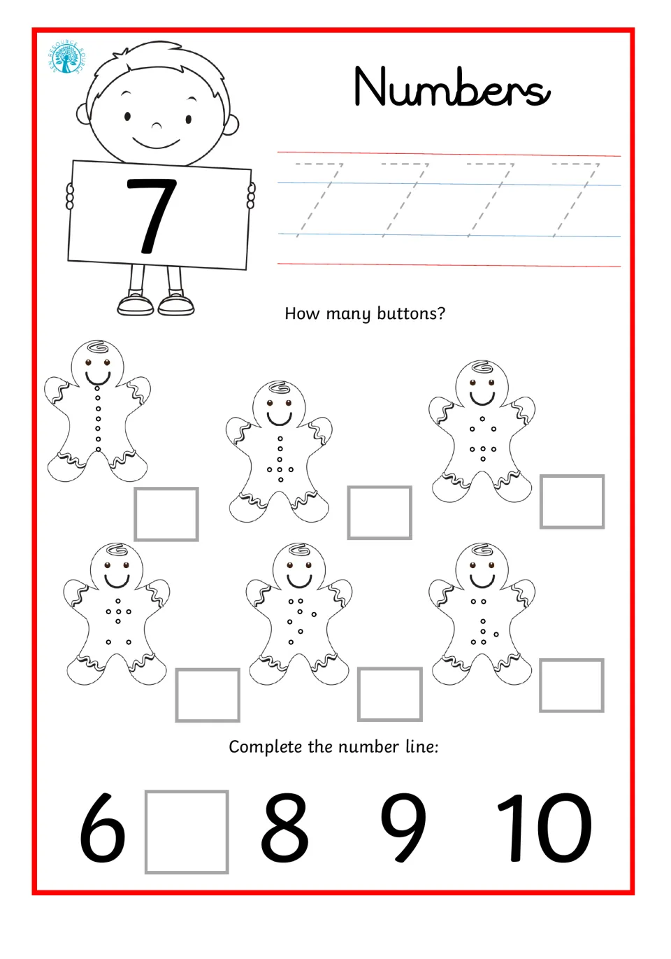 Number 7: students trace the numeral 7, count the buttons on six gingerbread figures and fill the missing 7 on a number line