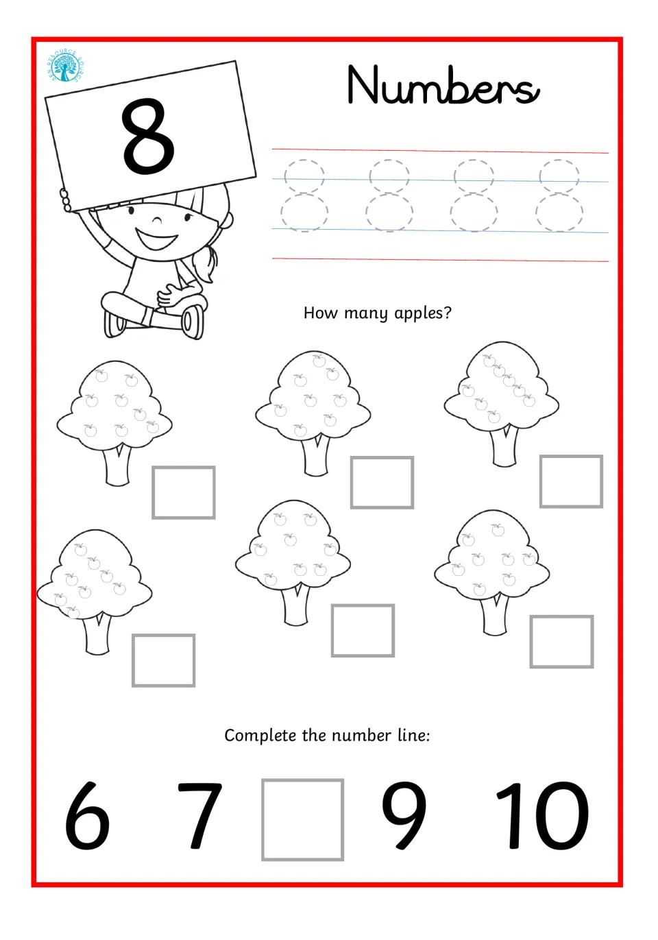 Number 8: students trace the numeral 8, count the apples on six trees and fill in the missing 8 on a 6 to 10 number line
