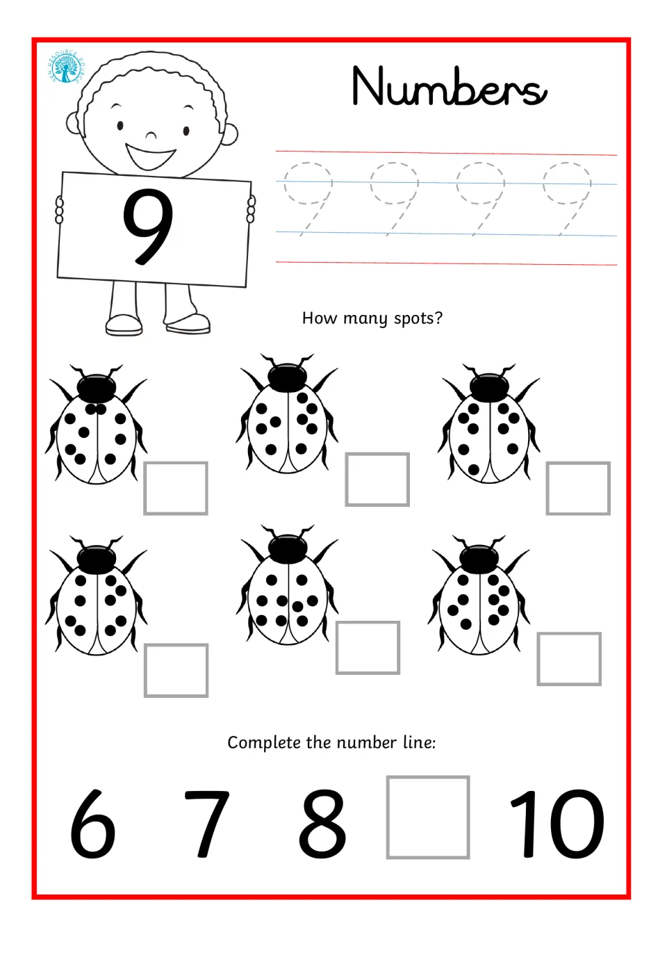 Number 9: students trace the numeral 9, count the spots on six ladybirds and fill in the missing 9 on a 6 to 10 number line