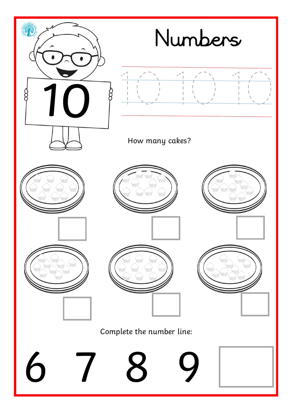 Number 10: students trace the numeral 10, count cupcakes on six plates and write the missing 10 to end a 6 to 10 number line