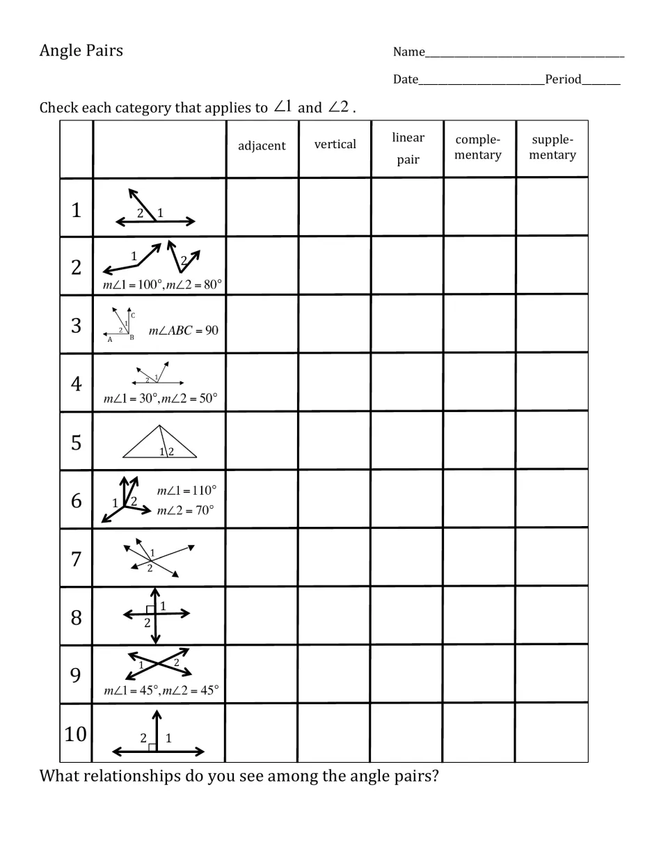 Angle Pairs: students check adjacent, vertical, linear pair, complementary or supplementary for 10 angle diagrams