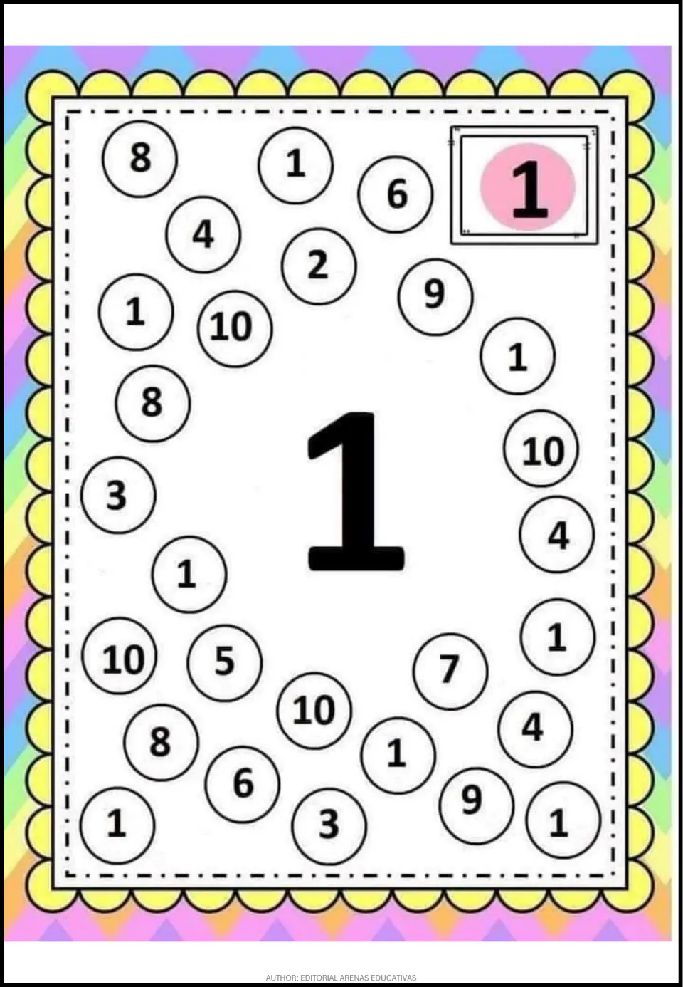 Number 1 recognition activity: a large 1 and mixed numerals from 1 to 10, including repeated 1s to find