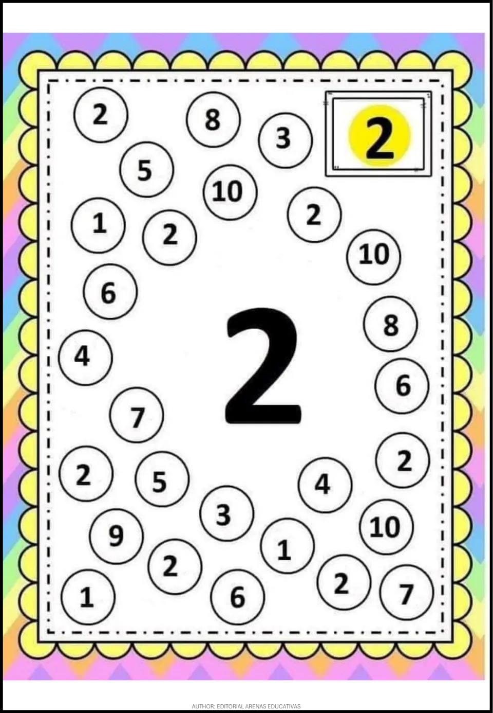 Number 2 recognition activity: a large 2 and mixed numerals from 1 to 10, including repeated 2s to find
