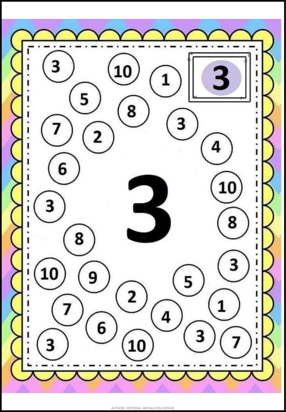 Number 3 recognition activity: a large 3 and mixed numerals from 1 to 10, including repeated 3s to find