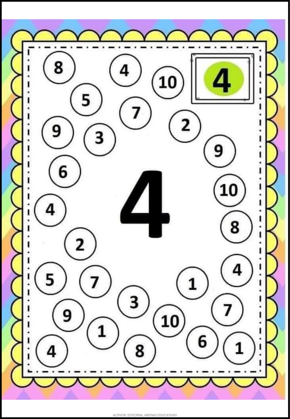 Number 4 recognition activity: a large 4 and mixed numerals from 1 to 10, including repeated 4s to find